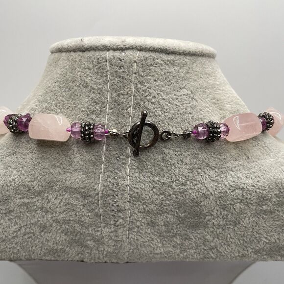 Artisan Made Rose Quartz Gemstone Purple Glass Beaded Knotted Necklace Boho - Picture 5 of 6